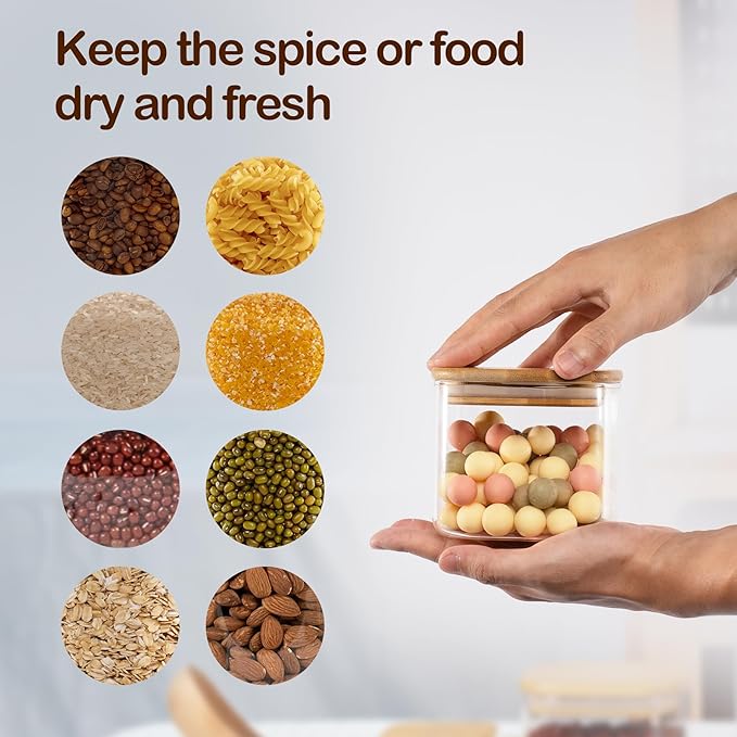22oz Airtight Square Spice Containers with Bamboo Lid Set of 6 (650ml) Kitchen Pantry Organization Jar Stackable Spice Jar, for Sugar, Tea, Cookies and Coffee beans (‎with Black Lable)