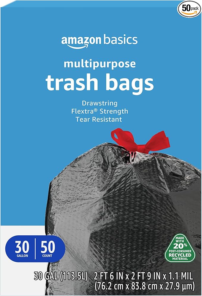 Amazon Basics 30 Gallon Flextra Strength Multipurpose Drawstring Trash Bags, 20% Post Consumer Recycled, 50 count