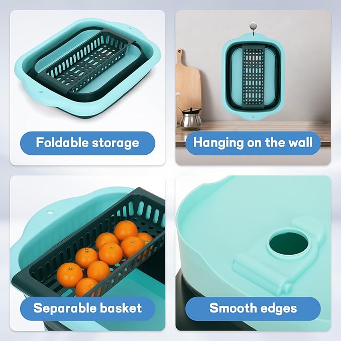 11 Liters (2.91 Gallons) Collapsible Dish Basin with Drain Plug,Outdoor Multi-Purpose Camping Sink for Cleaning Vegetables and as an Ice Bucket, Suitable for Kitchens, Camping and RVs (Green)