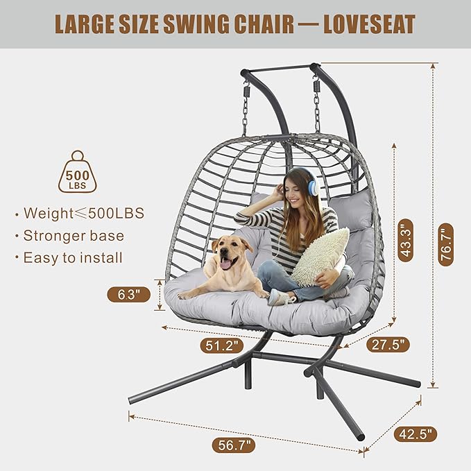 Double Hanging Egg Chair wth Stand, Patio Hammock Swing Chair with Cushion Loveseat for Bedroom, Balcony, Garden, Indoor, Outdoor