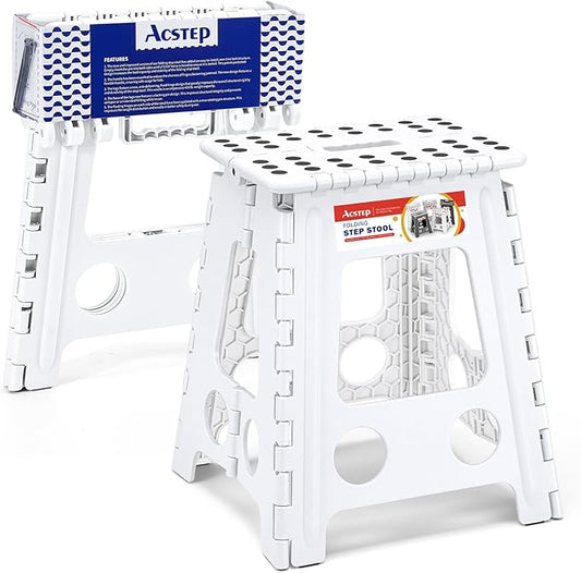 ACSTEP Folding Step Stool 16 Inch Heavy Duty Step Stool Foldable for Adults and Kids, Collapsible Stepping Stool with Handle, Non Slip Folding Stools for Kitchen Hold Up to 400lbs (White 1PC)