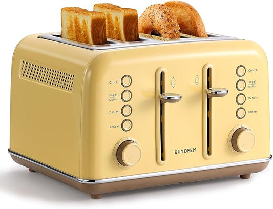 BUYDEEM DT640 Retro 4 Slice Toaster, 7 Shade Settings, Extra Wide 1.5'' Slots, Stainless Steel Toaster with Bagel Muffin Defrost Reheat Function, Yellow