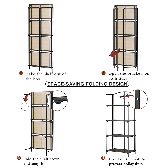Crofy No Assembly Folding Bookshelf for Living Room, 4 Tier Black Collapsible Book Shelf for Home Office, Portable Bookcase Storage Organizer