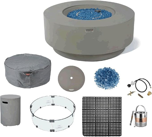 Elementi+ | Bundle Colosseo Gas Fire Pit Cast Concrete 40" Dia. Round Fire Table, Outdoor Fire Pit Electronic Ignition | Canvas Cover, Fire Glass and Burner Lid Included | Light Gray | Propane Gas