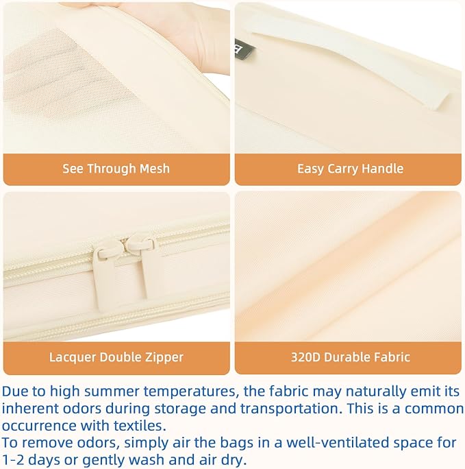 BAGAIL 4 Set/6 Set/8 Set Compression Packing Cubes Travel Accessories Expandable Packing Organizers (Square Mesh, 06-Beige)