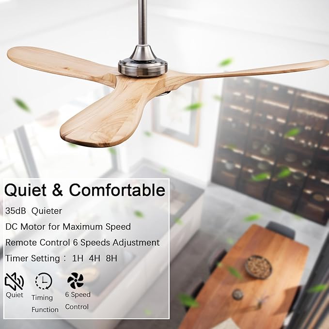 60" Wood Ceiling Fans with Lights and Remote Control,Indoor Outdoor 3 Blades Wooden Ceiling Fan for Garage,Patio,Living Rooms,Bedrooms,Offices,Farmhouse(Nickel+Raw wood)