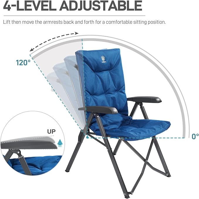 EVER ADVANCED Folding Padded Camping Chair 4 Positon Adjustable Recliner with High Back Support Portable for Adults, 300lbs Weight Capacity, Blue