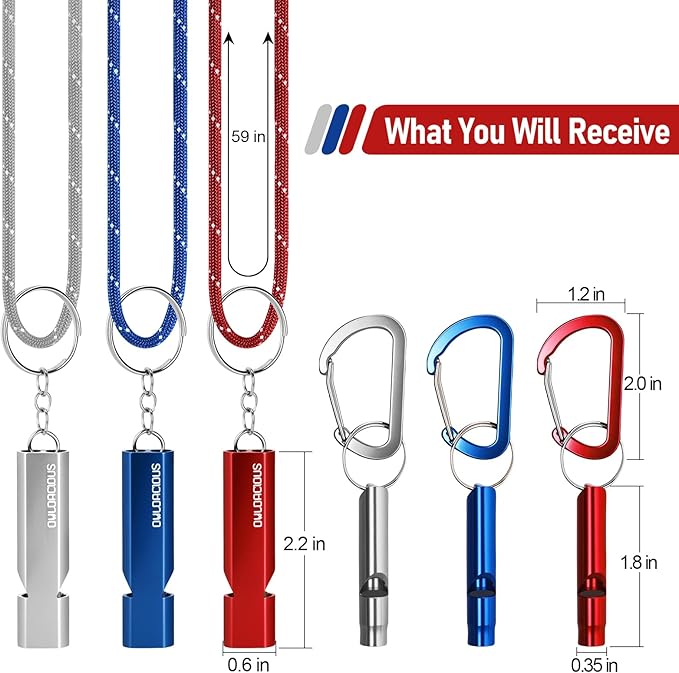 Emergency Whistle Set – 6 Aluminum Whistles, 3 Paracord Lanyards, 3 Carabiners for Camping, Hiking, Fishing, Hunting & Survival. Loud Safety Rescue Signaling for Marine Boat Lifeguard