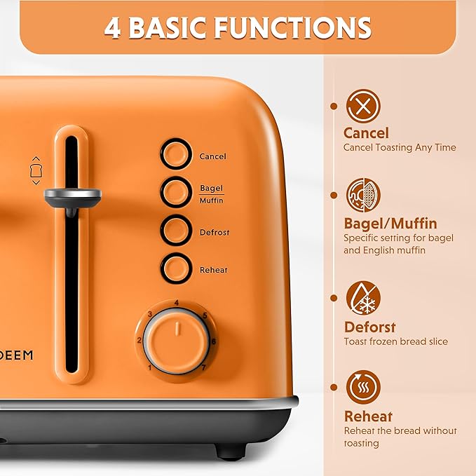 BUYDEEM DT640 4-Slice Toaster, Extra Wide Slots, Retro Stainless Steel with High Lift Lever, Bagel and Muffin Function, Removal Crumb Tray, 7-Shade Settings,Orange