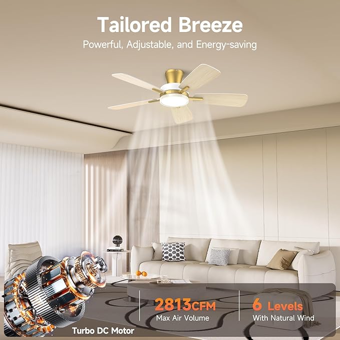 TALOYA Ceiling Fans with Lights and Remote, 46 Inch Low Profile Ceiling Fan with Light, Flush Mount, Reversible, 3CCT, Dimmable Modern Ceiling Fan for Bedroom, Living Room, Outdoor Patio, White Gold