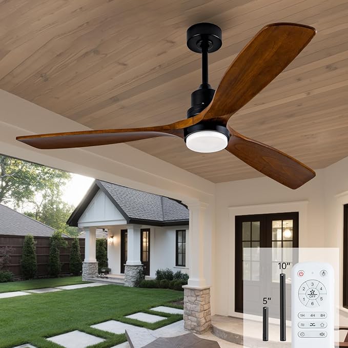 60 Inch Outdoor Ceiling Fans with Lights and Remote, 3 Blade Wood Ceiling Fan, Noiseless Reversible DC Motor for Patio, Living Room, Bedroom, Indoor, Farmhouse