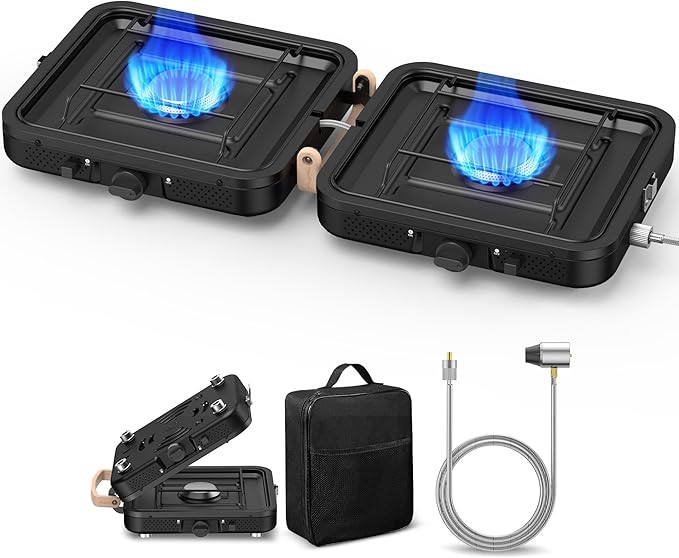 2 Burner Portable Propane Camping Stove, 2×5000 BTU Metal Compact Foldable Gas Burners Outdoor Cooking Stove with CGA600 5430 Propane Hose, Adjustable Flame, for Camping, Tailgating, Cooking Outdoor