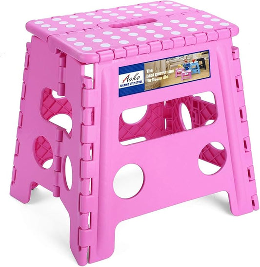 ACKO Folding Step Stool - 13 inch Height Premium Heavy Duty Foldable Stool for Kids and Adults, Kitchen Garden Bathroom Stepping Stool (Pink)