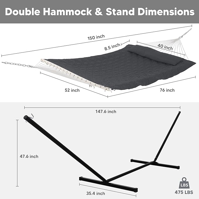 SUNCREAT Hammocks for Outside with Stand, Extra Large 2 Person Hammock with Stand, Dark Gray Drops