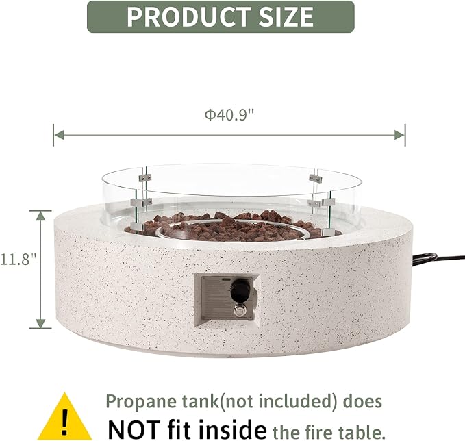 COSIEST Outdoor Propane Fire Pit Coffee Table w Beige 42 inch Round Base Patio Heater, CSA Certified, 50,000 BTU Stainless Steel Burner, Wind Guard, Tank Outside, Free Lava Rocks, Waterproof Cover