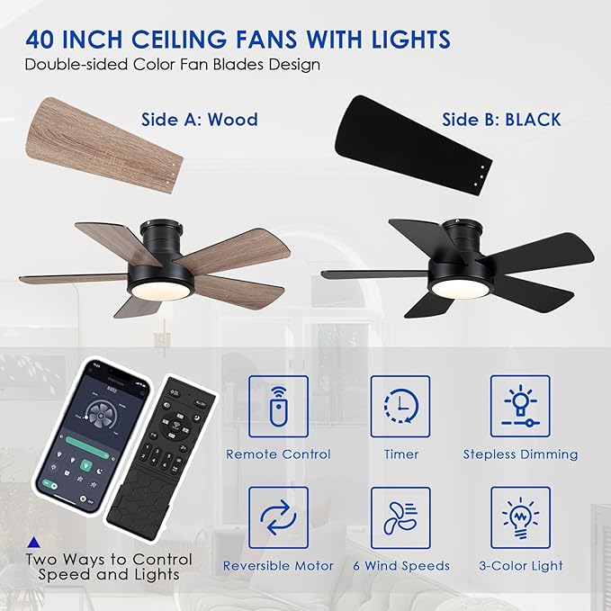 Ceiling Fans with Lights,Modern Low Profile Ceiling Fan with Remote Control,5 Dual-Sided Blades,Reversible DC Motor,40" Black Small Flush Mount Ceiling Fan for Bedroom Indoor/Outdoor Use