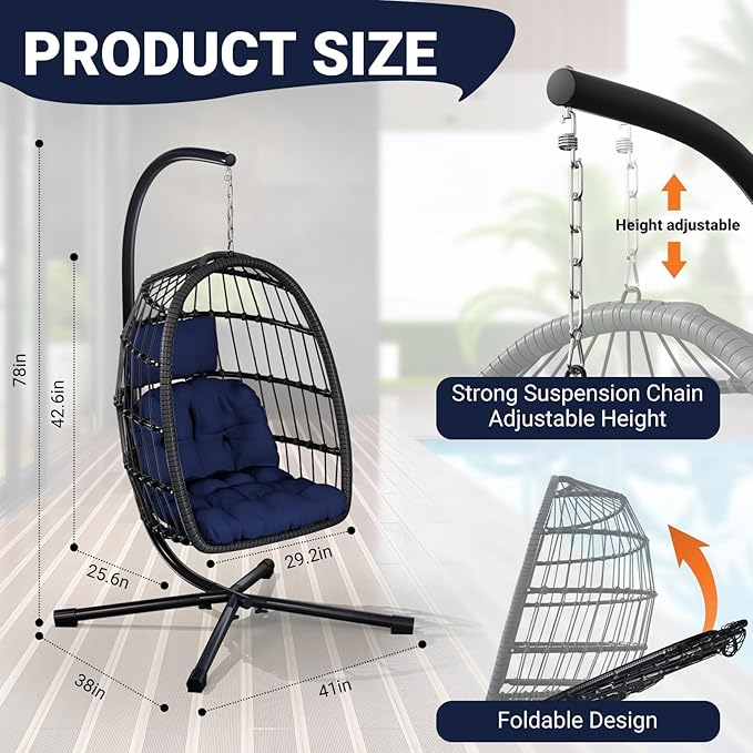 LEVELEVE Egg Chair with Stand,Patio Rattan Wicker Hanging Swing Egg Chair Hammock Chair for Porch Garden,Thickened Aluminum Alloy Steel Frame and UV Resistant Cushion,350LBS Capacity(Dark Blue)
