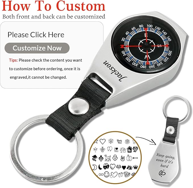 Custom Portable Compasses Keychain with Text Mini Compass with Waterproof Luminous Function Survival Gifts for Men Hiking Camping Hunting Map Navigation Tool