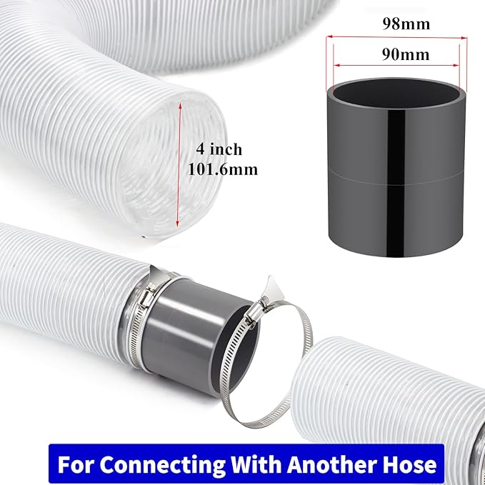 JUYO VONSAN 4 inch Dust Collection Hose 50ft Flexible Heavy Duty Clear PVC Dust Debris With Free 4"" Dust Hose Connector and Hose Clamps for Dust Collectors (4 inch x 50 ft)