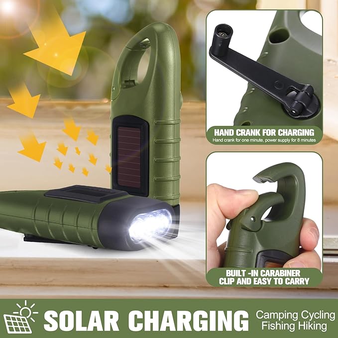Leelosp 9 Pieces Hand Crank Flashlight Solar Powered Flashlight for Emergencies Dynamo Rechargeable LED Survival Light for Outdoor Sports Hiking Camping (Green)