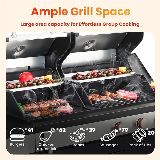 3 Burner Propane Gas BBQ Grill with Side Burner, Porcelain-Enameled Cast Iron Grates, Smoke Control Handle, 37,230 BTU Stainless Steel Grill for Outdoor Camping Barbecue Grilling Backyard Cooking