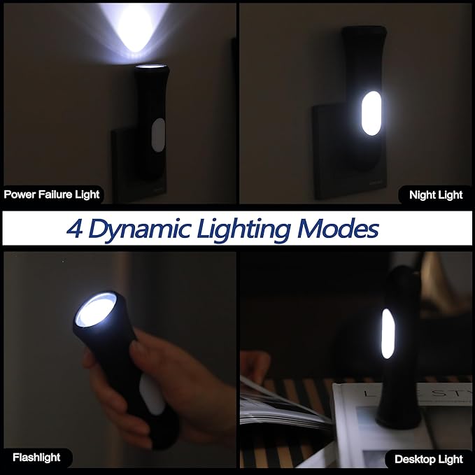 4 in 1 Emergency Lights for Home Power Failure, 6 Pcs Rechargeable LED Flashlight Plug in Wall, Automatic Turn-On Power Outage Night Light Flashlight for Hurricane Preparedness Items, Black