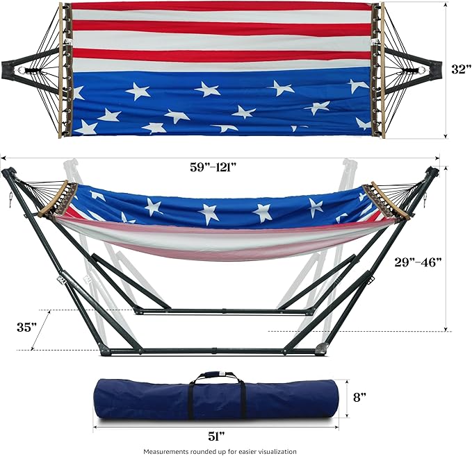 Tranquillo Sturdy Steel Hammock with Stand Premium Cotton Canvas Hammock, 600 lbs Capacity Hammock Stand Folding, Portable 30-Second Fold Unfold, for Camping, American Flag
