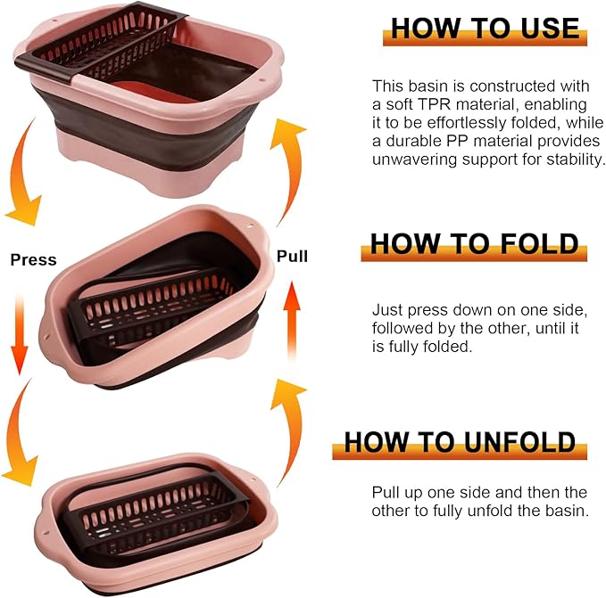 2.77 Gallon (10.5L) Collapsible Dish Basin with Drain Plug, Pink Camping Dish Basin for RV, Space-Saving Foldable Washing Bin, BPA-Free Portable Sink for Vegetables and Dishes - with Brush