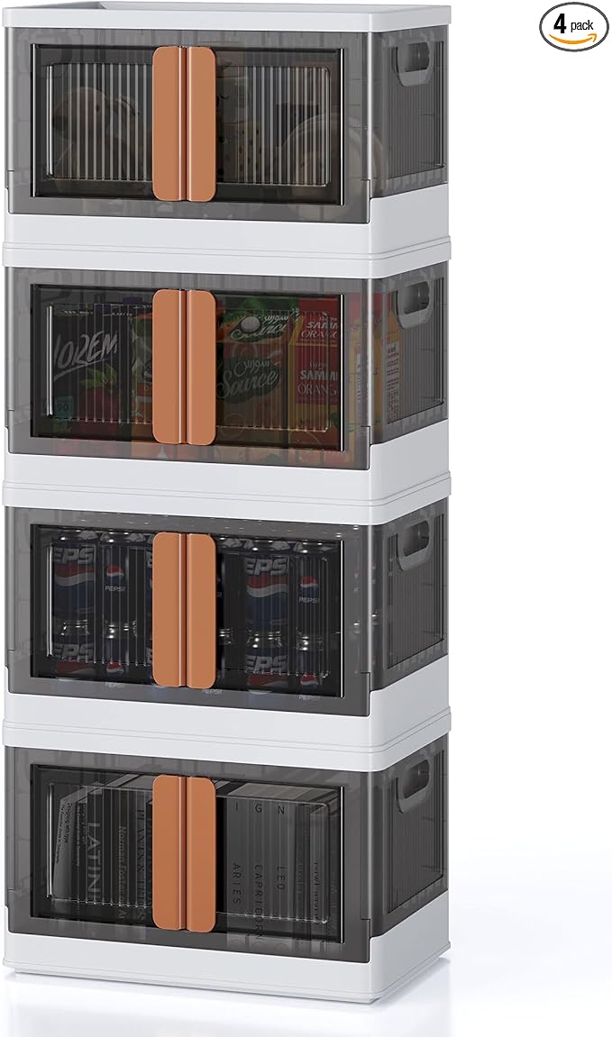 8.4Gal Collapsible Storage Bins with Lids & Wheels - 4 Pack Stackable with Doors, Heavy-Duty Plastic Containers for Home/Office, White