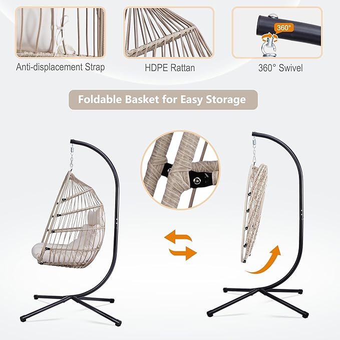 Foldable Hanging Egg Chair with Stand and Pillow, HDPE Rattan and Heavy Duty Aluminum-Steel Frame, Outdoor Patio Wicker Swing Egg Chair with Headrest and Cushioned, 350 Lbs Capacity (Beige)