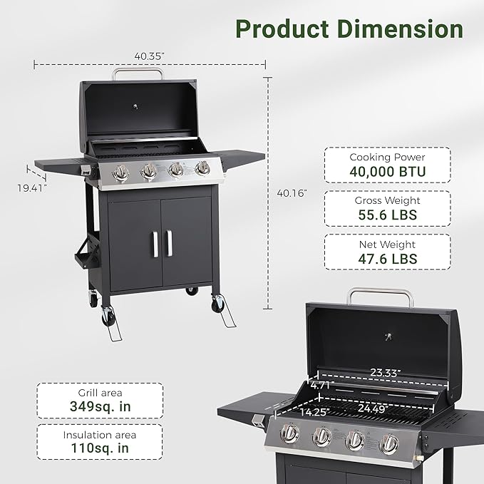 4-Burner Propane Gas Grill with Wheels, 40,000 BTU Stainless Steel BBQ Grill for Backyard, Outdoor Cooking - Foldable Side Tables, Spice Rack & Easy Assembly