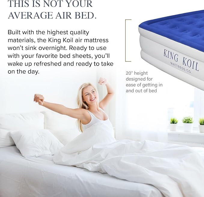 King Koil Luxury Queen Air Mattress with Built-in Pillow & Ultra-Fast Built-in High-Speed Pump, 20″ Inflatable Premium Airbed, Waterproof, Adjustable Firmness, 1-Year Manufacturer Warranty