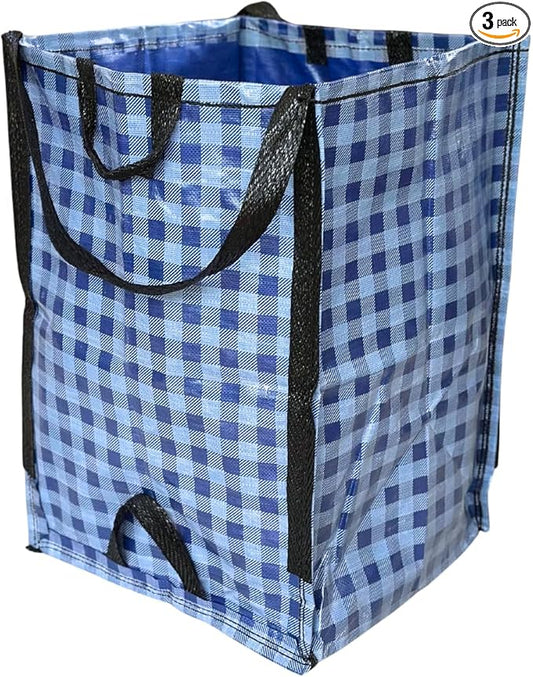 DURASACK Heavy Duty Home and Yard Bags 48-Gallon Reusable Self-Standing Lawn and Leaf Bags Garbage Can with Reinforced Handles, Gingham Blue, 3 Pack