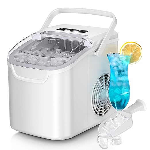 Countertop Ice Maker Machine, 8 Ice Cubes in 6 mins, 26lb/Day Ice with 2 Sizes- Portable Mini, Energy Saving & Basket/Scoop for Home/Party/Travel/Camping/Bar,White