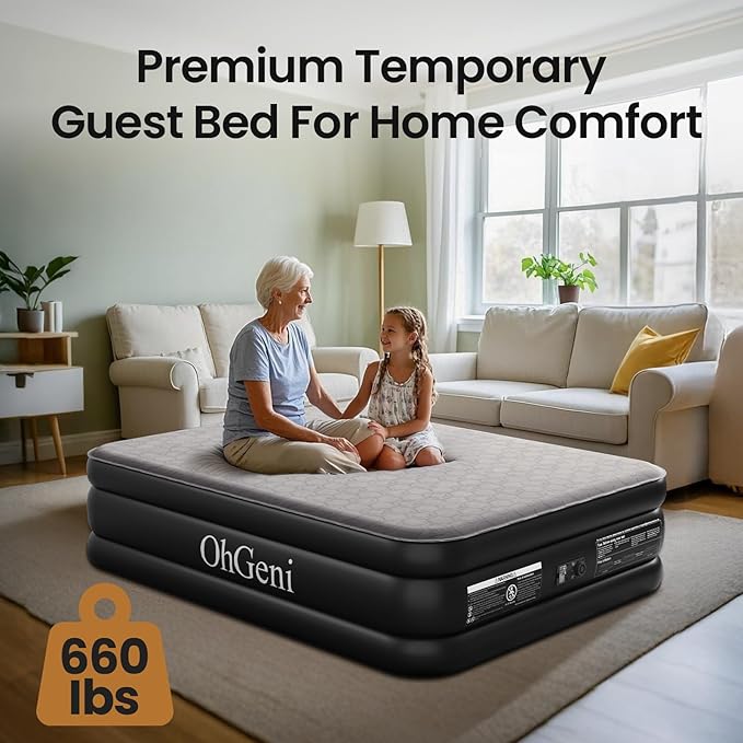 OhGeni 18" Luxury Full Air Mattress with Built-in Pump, Inflatable Bed with Silk Foam Topper for Superior Comfort, Premium Blow-Up Mattress for Home, Camping & Guests, Easy Setup, Extra Support, Black
