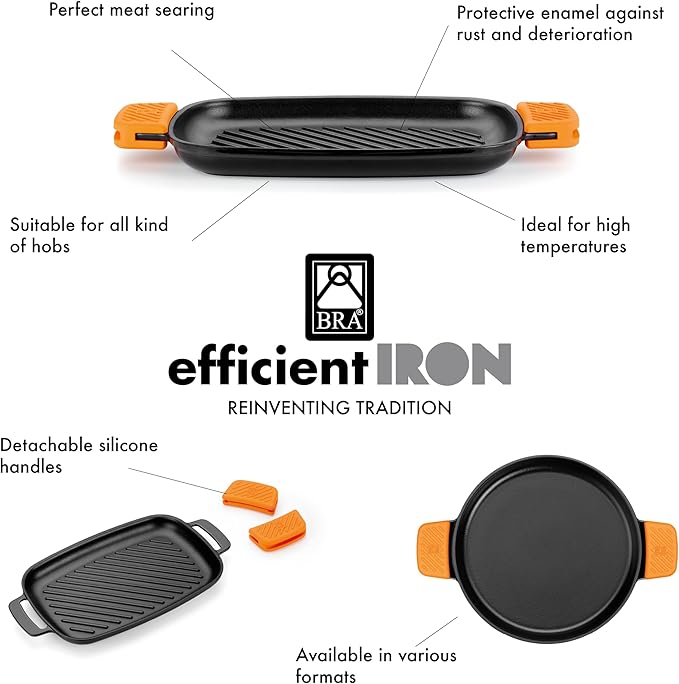 BRA COOKWARE Efficient Iron Round Smooth Grill | 12.6 inches Cast Iron Round Griddle | All Heat Sources Compatible | PFOA Free | Without Non-Stick | Silicon Handle | Non Deformable