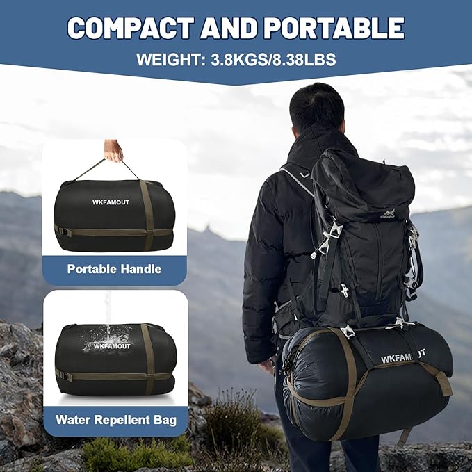 Double Sleeping Bag for Adults Machine Washable 2 Person Camping Sleeping Bag Queen Size Waterproof with Compression Sack for Cold Weather 3-4 Seasons