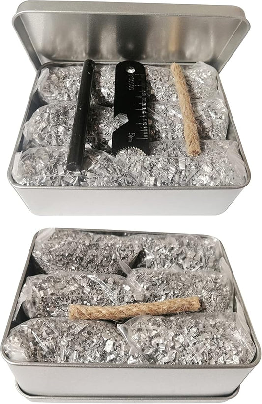 Fire Starter Kit – 12 Magnesium Bags (2.3" x 3.5") + 3.15" Ferro Rod (12,000+ Strikes) + 2X 0.3 x 4 Waxed Rope (24 Min Burn) – Survival Kit in Waterproof Tin for Camping, Hiking, Bug Out