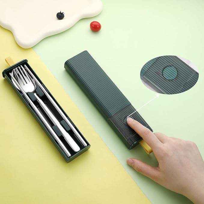 DEVICO Travel Utensils with Case, 18/8 Stainless Steel Reusable Silverware Set for Lunch Box, Portable Cutlery Set, Fork and Spoon Set for Camping, Lunch, Picnic, Workplace, School (Dark Green)