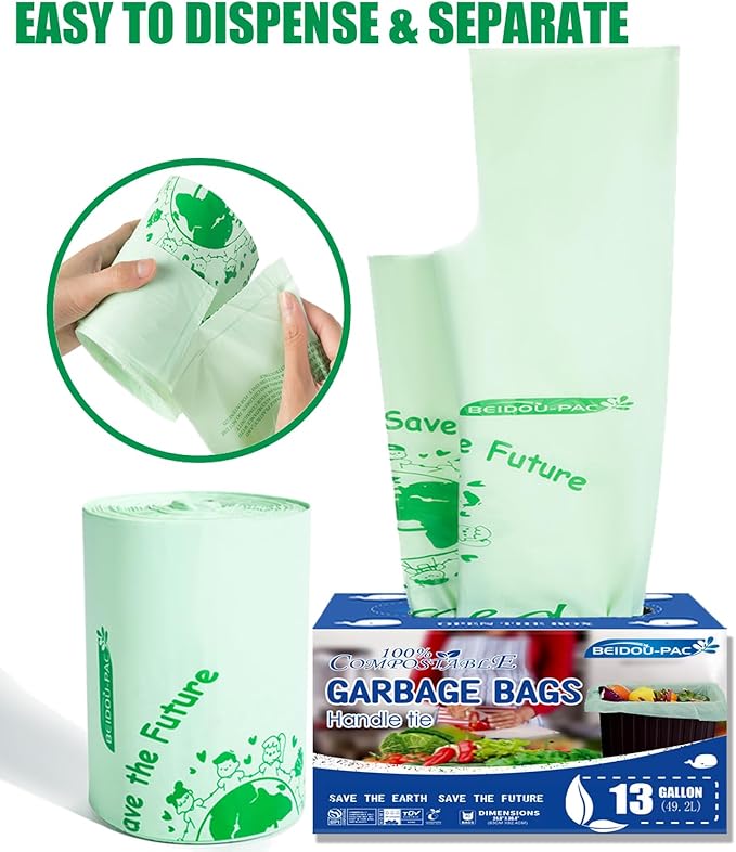 13 Gallon Compostable Trash Bags, 30 Count, Compost Bags Tall Kitchen Trash Bags with Handle, Sturdy Biodegradable Garbage Bags Food Scrap Waste Bags, ASTM D6400, US BPI Certified