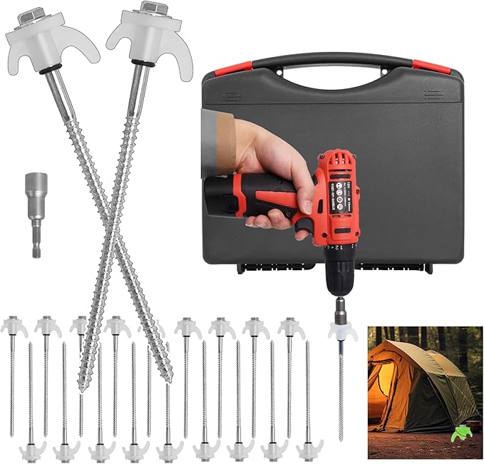 8" Screw in Tent Stakes - 12 Pack Heavy Duty Glow in The Dark Ground Anchors for Camping, Canopy, Awning and Outdoor Use Tent Pegs - Durable Metal Tent Spikes with Hex Head Driver & Storage Box