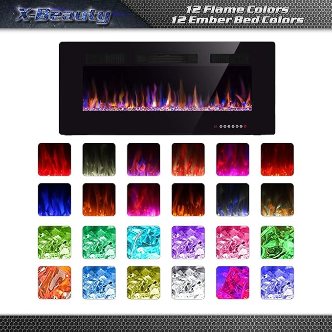 42" Fireplace in-Wall Recessed and Wall Mounted 1500W Heater and Linear Fireplace with Timer/Multicolor Flames/Touch Screen (Black)