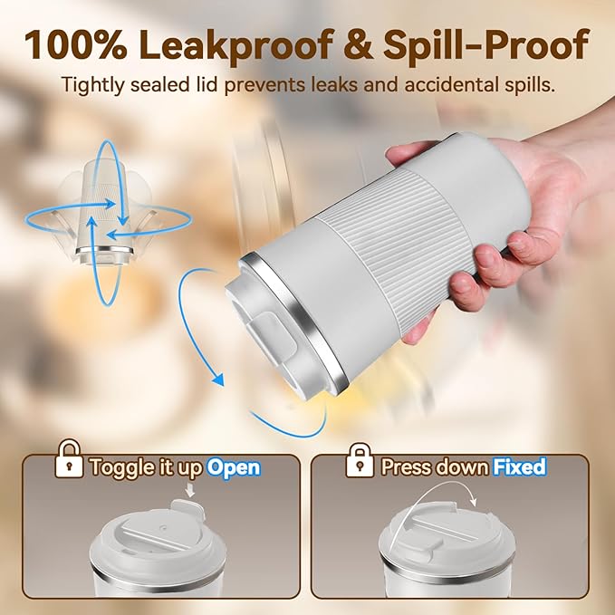 12OZ Travel Coffee Mug Insulated Coffee Cup with Spill Leak Proof Lid, Portable Stainless Steel Tumbler Reusable Hot and Cold Water Mug for Car, Daily, Camping- White