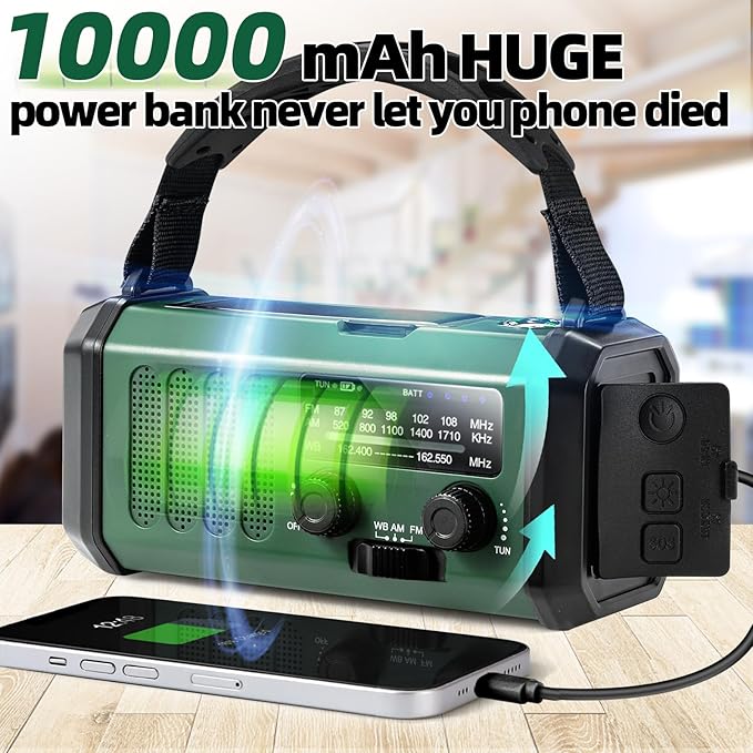 Hand Crank Emergency Radio,37000mWhSolar Powered Hand Crank Portable NOAA AM FM Weather Radio with 3Mode Flashlight and Reading Light,Cell Phone Charger,Home and Emergency Distress Signal