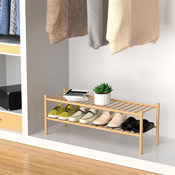 2-Tier Bamboo Long Shoe Rack, Free Standing Wood Shoe Shelf Storage Organizer for Closet Entryway Stackable 35"x11"x13" (Natural)