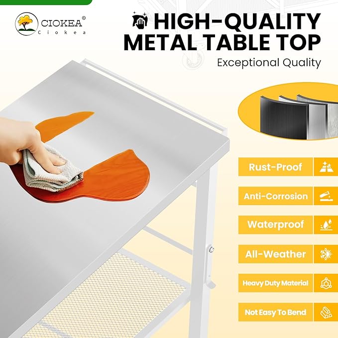 Folding Grill Cart, Metal Pizza Oven Stand Table with 2 Total Lock Casters,3 Shelf Foldable Kitchen Island Cart,Stainless Steel Outdoor Rolling Cart with Wheels for Home Party, Bar, Camping（White）