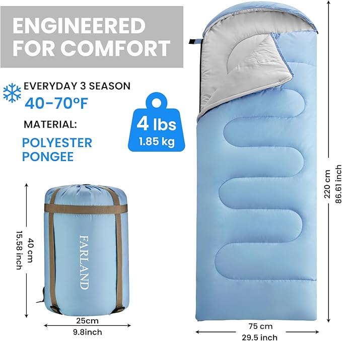 FARLAND Sleeping Bags 30℉ for Adults Teens Kids with Compression Sack Portable and Lightweight for 3-4 Season Camping, Hiking,Waterproof, Backpacking and Outdoors