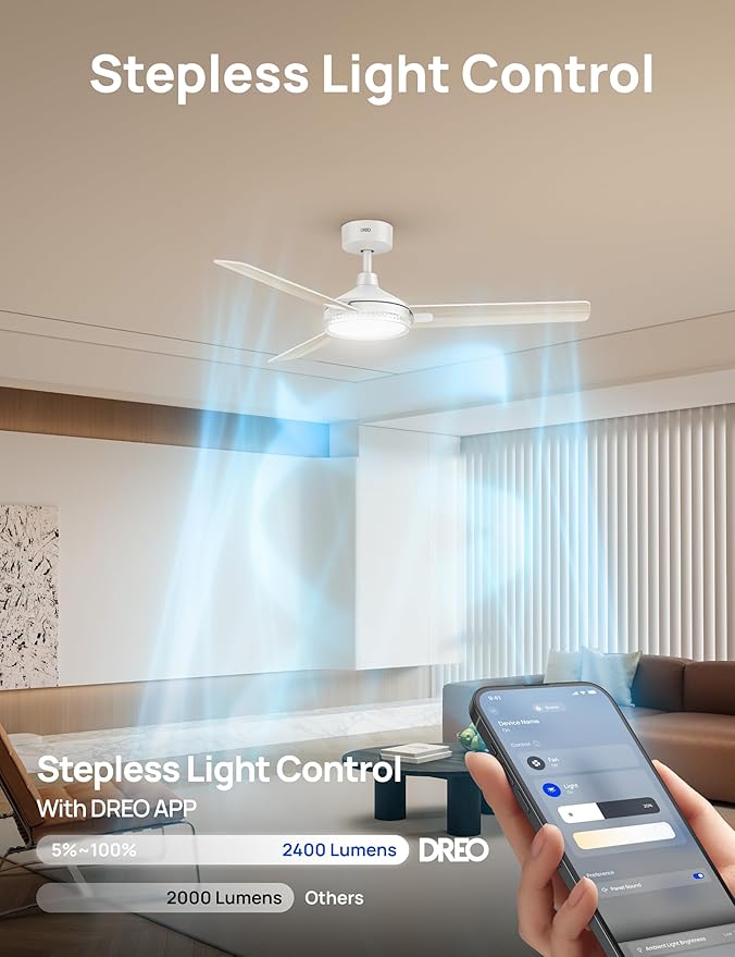 Dreo Smart Ceiling Fans with Lights, 52 Inch White Ceiling Fan, 12 Speeds & 3 Fan Modes, Stepless Color Tones, Dimmable LED Light, 1-12H Timer, Quiet DC Motor, Remote/APP/Alexa/Wall Switch Control