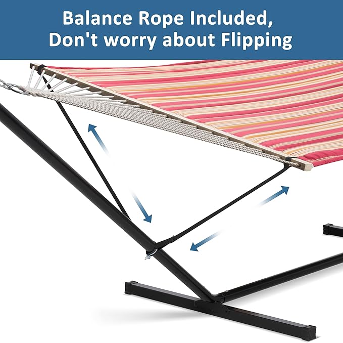 SUNCREAT Outdoor Hammock with Stand, Two Person Quilted Fabric Hammock Swing with 12ft Steel Stand, Red Stripes