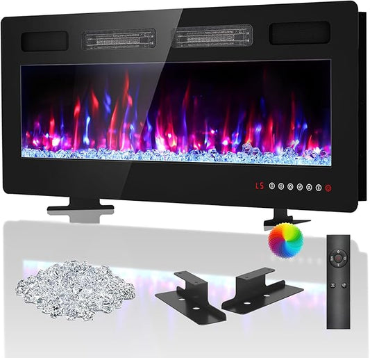 BREEZEHEAT 42 Inch Ultra Thin Electric Fireplace-Freestanding or Recessed Wall Mounted Fireplace Heater, Remote Control, Touch Screen, 750W/1500W, 8H Timer for Living Room, Bedroom, Office